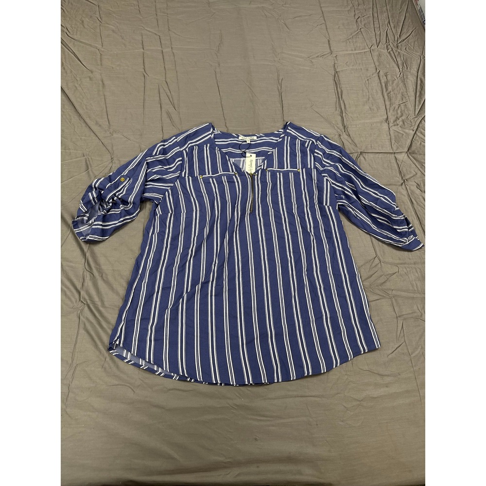Speed Limit MPH Womens 2X Blue White Striped Quarter Zip Roll Tab Sleeve Blouse